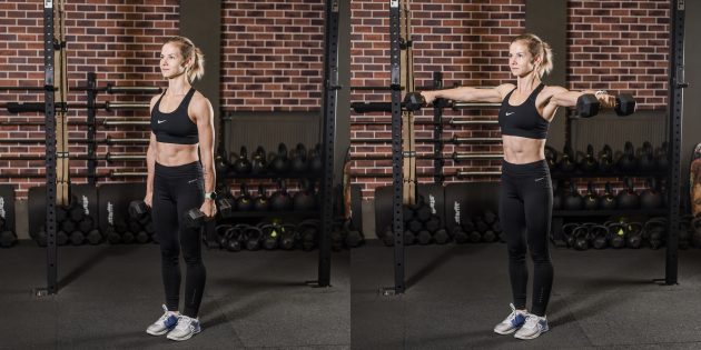 Разведение гантелей стоя Программа тренировок для девушек в тренажёрном зале: Разведение гантелей стоя