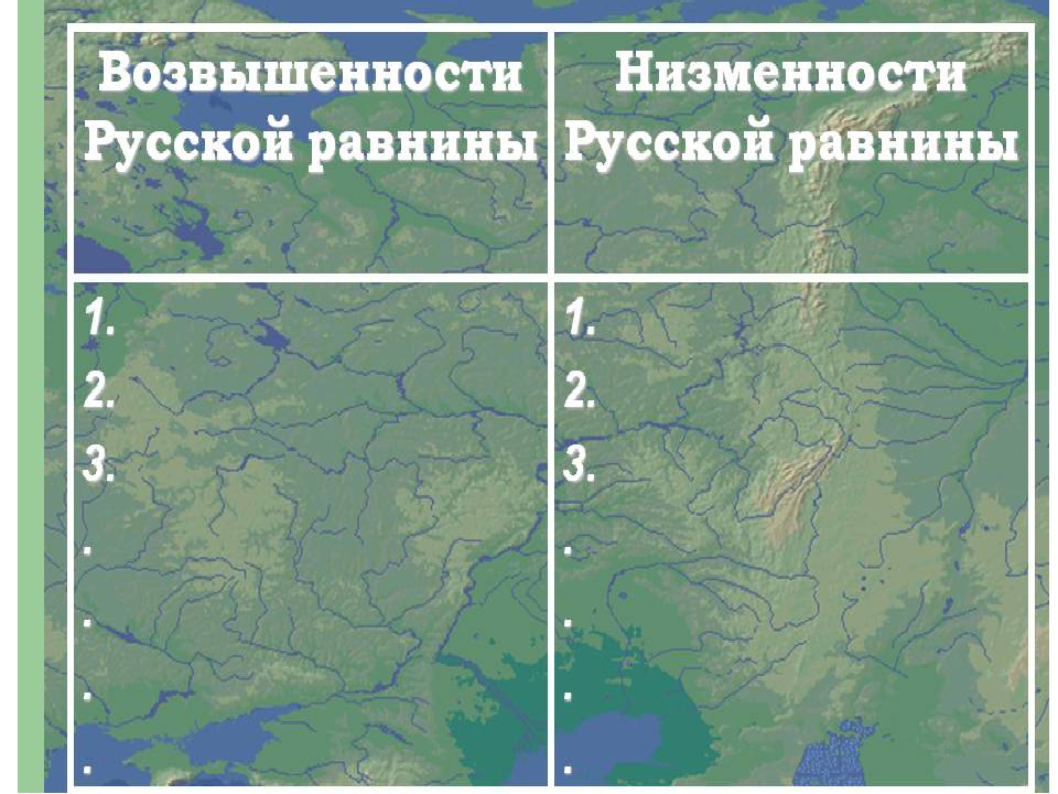 Равнины низменности возвышенности. Среднерусская возвышенность на карте. Возвышенности русской равнины. Возвышенности и низменности русской равнины. Среднерусская возвышенность на карте России.