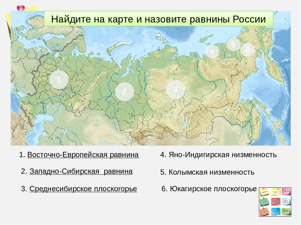 Отметить равнины на контурной карте 5 класс. Равнины Плоскогорья низменности на карте России. Крупнейшие низменности на карте.