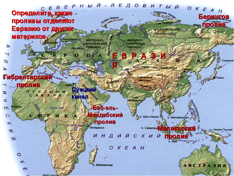 Положение евразии относительно других материков и океанов. Проливы на физической карте Евразии. Материк Евразия Гибралтарский пролив. Моря Евразии. Местоположение Евразии.
