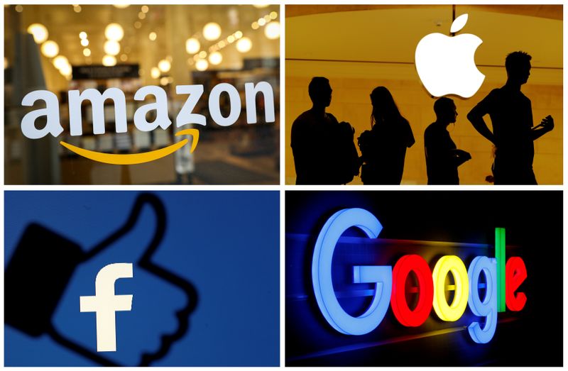 © Reuters. FILE PHOTO: The logos of Amazon Apple Facebook and Google