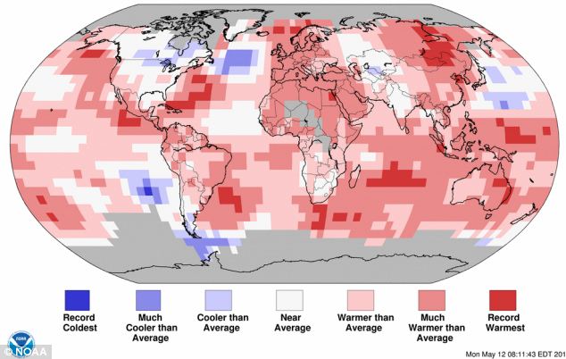 April across the world: The combined average temperature over global land and ocean surfaces for April 2014 tied with 2010 as the highest on record for the month, at 0.77°C (1.39°F) above the 20th century average of 13.7°C (56.7°F).