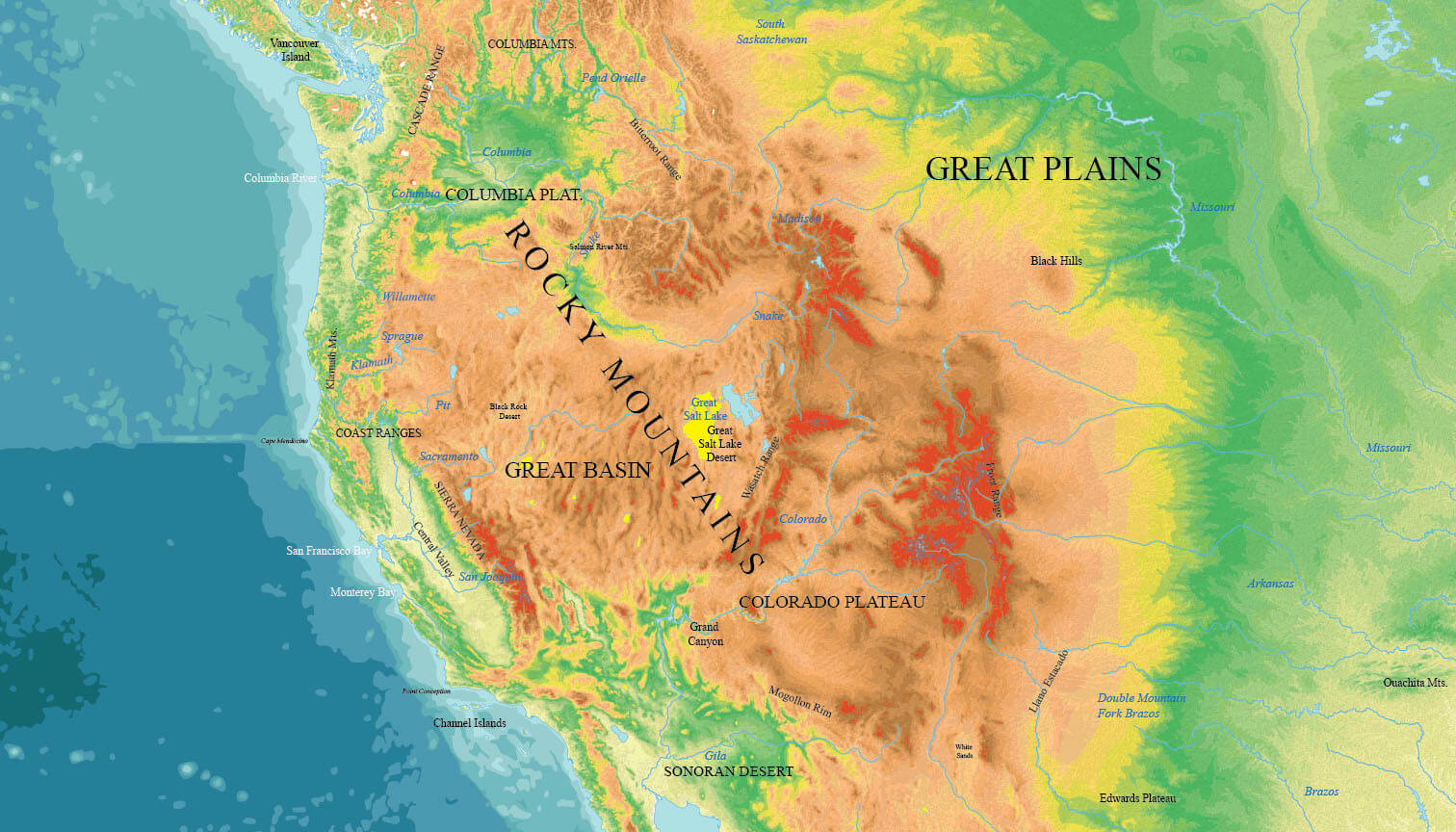 Высокие равнины северной америки. Плато Колорадо на карте. Плато Колорадо на карте Северной Америки. Равнина большой бассейн на карте Северной Америки. Нагорье большой бассейн на карте Северной Америки.