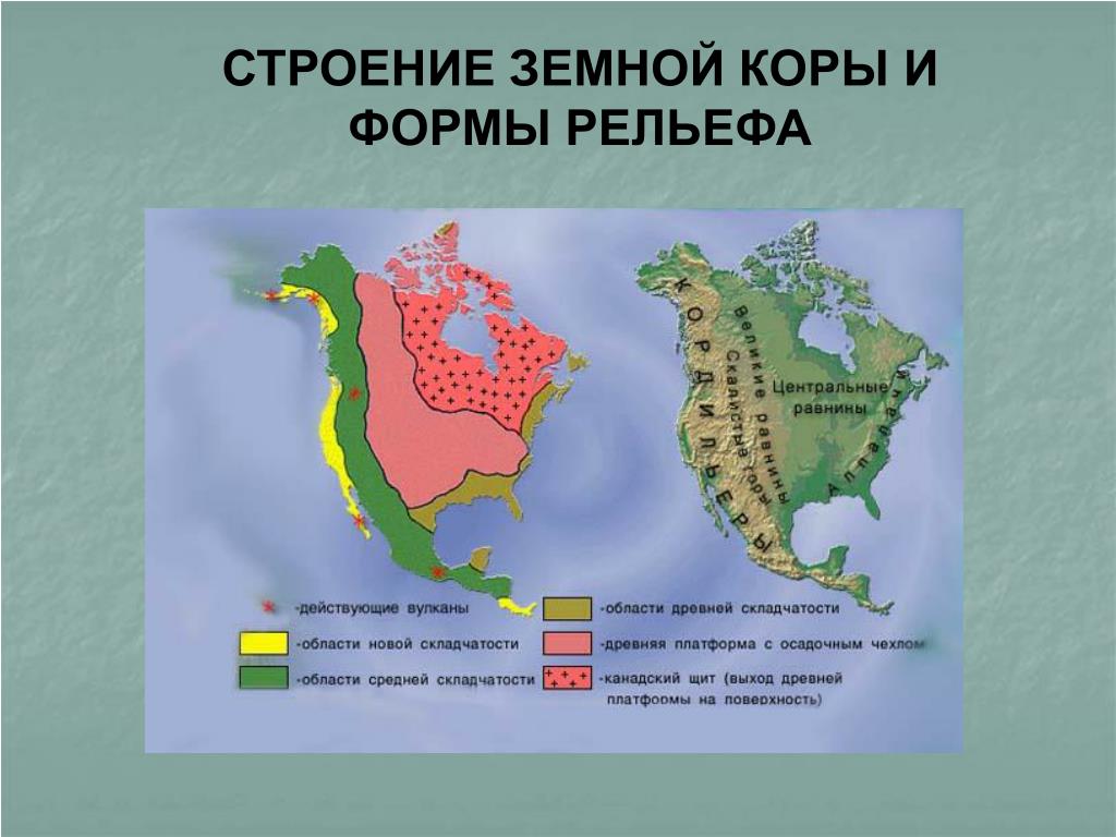 Установите соответствие строение земной коры рельеф. Строение земной коры и рельеф Северной Америки. Основные формы рельефа Северной Америки на карте. Центральные равнины на карте.