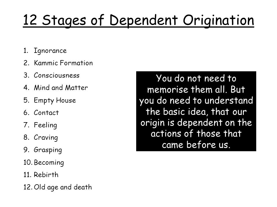 12 Stages of Dependent Origination 1.Ignorance 2.Kammic Formation 3.Consciousness 4.Mind and Matter 5.Empty House 6.Contact 7.Feeling 8.Craving 9.Grasping 10.Becoming 11.Rebirth 12.Old age and death You do not need to memorise them all.
