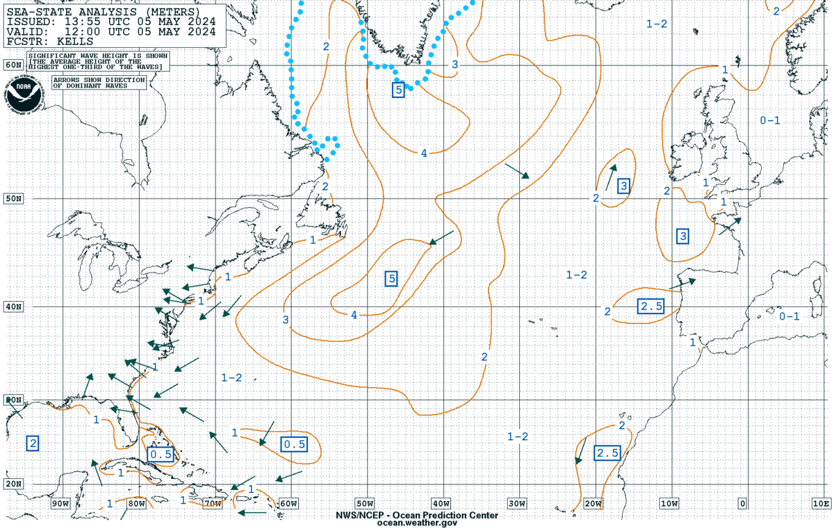 Latest W Atlantic offshore & adjacent waters sea state analysis (meters)