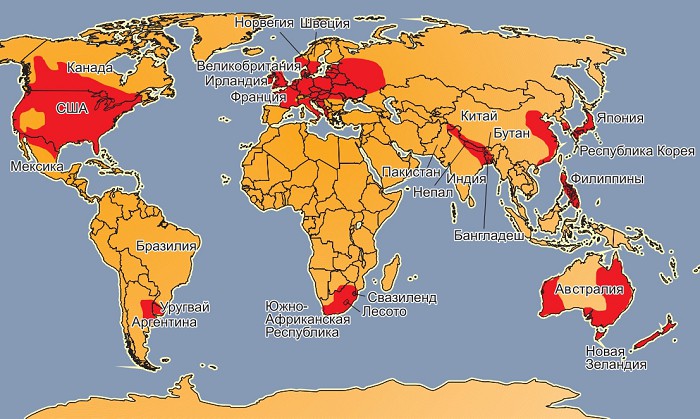 Места образования смерчей (обозначены на карте красным цветом)