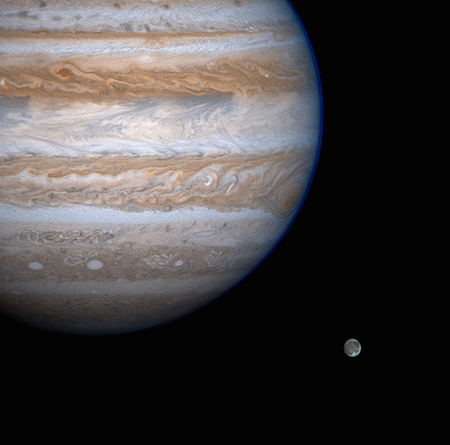 A photo of Jupiter in the top left corner, clearly showing the bands of Jupiter