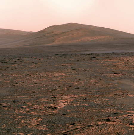 A photo of the Mars surface with a hill in the background and lots of small rocks in the foreground.