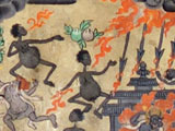 The hungry ghosts, misshapen figures with huge bellies and tiny mouths, suffering from flames and thunderbolts