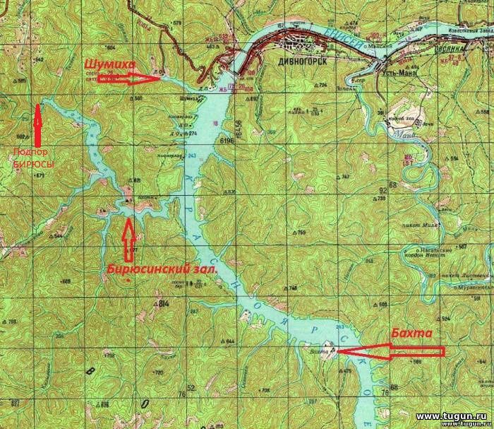 Где находится шумиха. Красноярское море на карте. Залив Бирюса Красноярское море на карте. Красноярское водохранилище с заливом Бирюса на карте. Карта Бирюсинского залива Красноярское водохранилище.