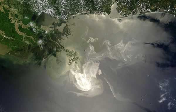 Overhead sattelite view of the BP oil spill of 2010.
