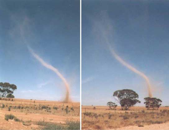  NASA     СМЕРЧИ в штате Аризона. Возникновение небольших смерчей в ясную погоду при отсутствии облаков над перегретой поверхностью пустыни.