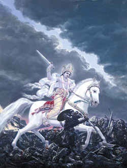 В индуистской мифологии Калки является окончательным воплощением Вишну, предсказанным, чтобы появиться в конце Кали Юги, нашей нынешней эпохи. Пураны предсказали, что он будет на вершине белого коня с нарисованным пылающим мечом. Он является предвестником конца времени в индуистской эсхатологии, после чего он откроет Сатья (Крита) Югу.