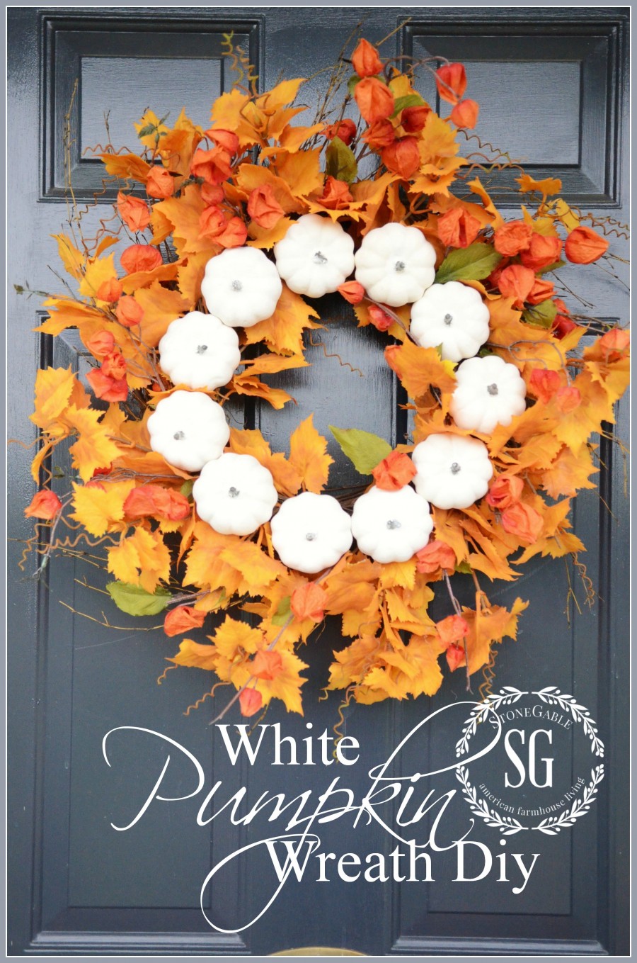 White Pumpkin Fall Wreath-front door-stonegableblog.com